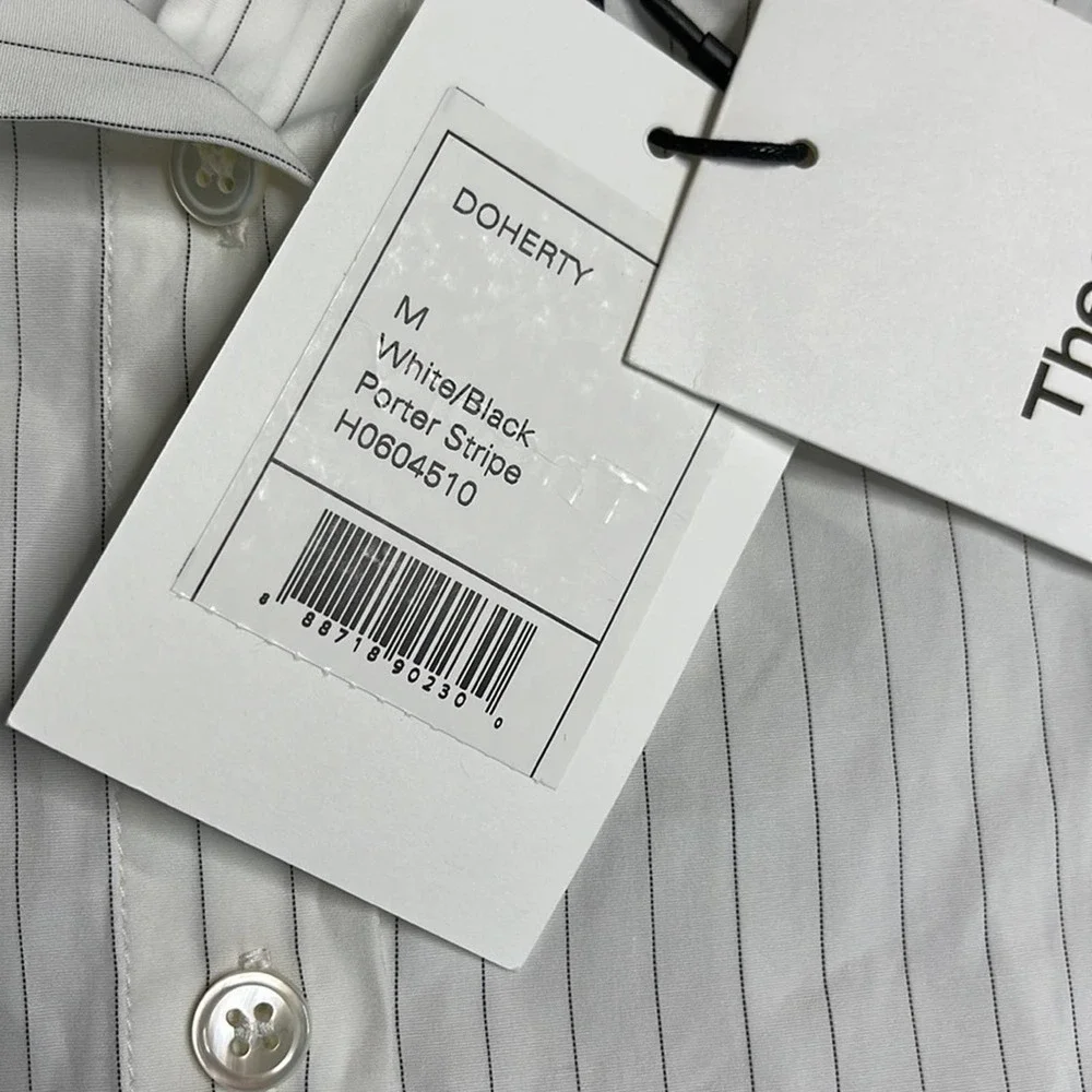 THEORY Doherty Black White Porter Stripe Button Front Off Shoulder Womens Medium - Picture 5 of 10